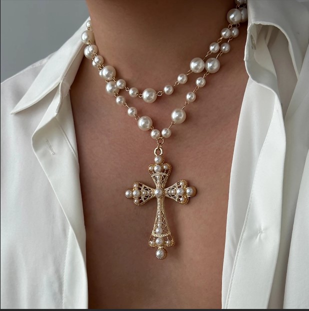 Best Unisex Goth Pearl Cross Choker Necklace