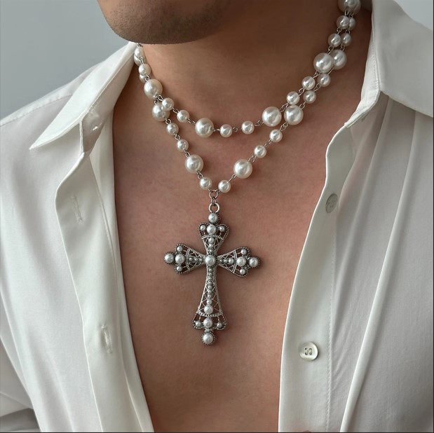 Best Unisex Goth Pearl Cross Choker Necklace
