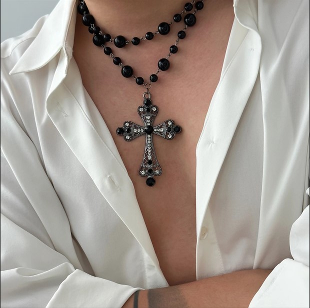 Best Unisex Goth Pearl Cross Choker Necklace