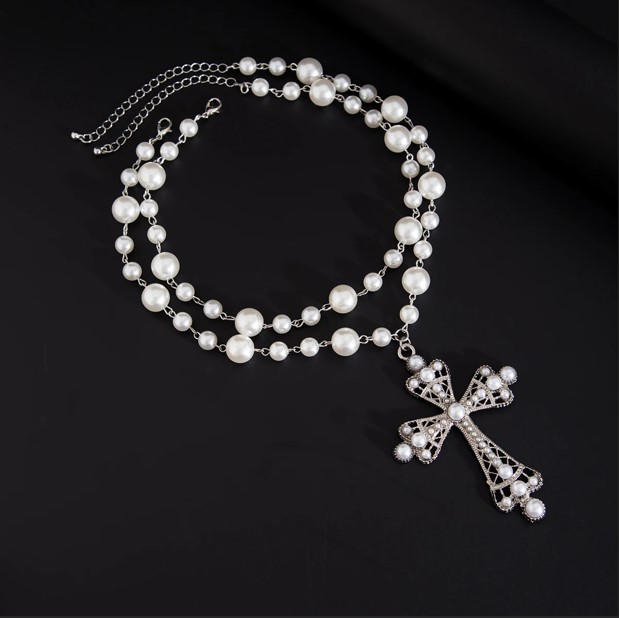 Best Unisex Goth Pearl Cross Choker Necklace