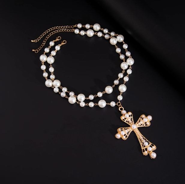 Best Unisex Goth Pearl Cross Choker Necklace