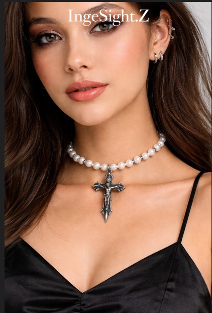 Best Unisex Goth Pearl Cross Choker Necklace